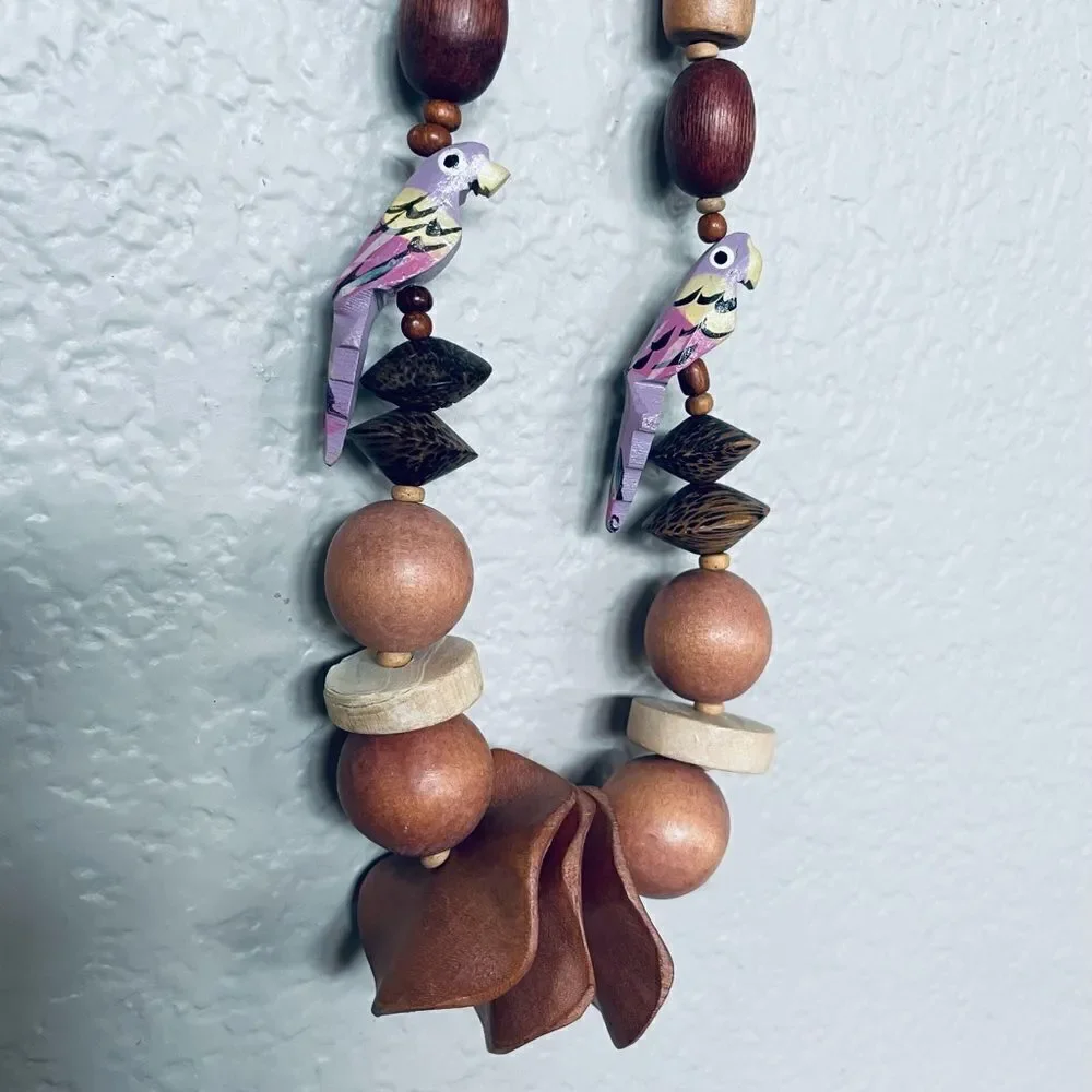Wood Bead Carved Parrot Statement Necklace
